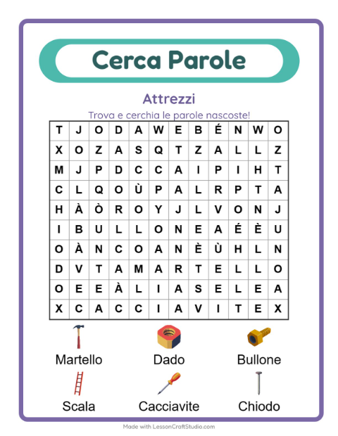 Anteprima della scheda di Cerca Parole con Attrezzi per Scuola primaria classe prima