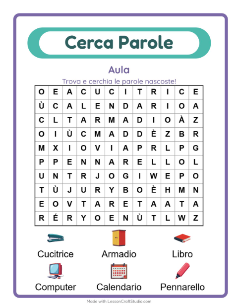 Anteprima della scheda di Cerca Parole con Aula per Scuola primaria classe prima