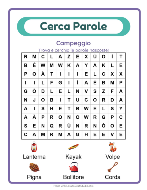 Anteprima della scheda di Cerca Parole con Campeggio per Scuola primaria classe prima