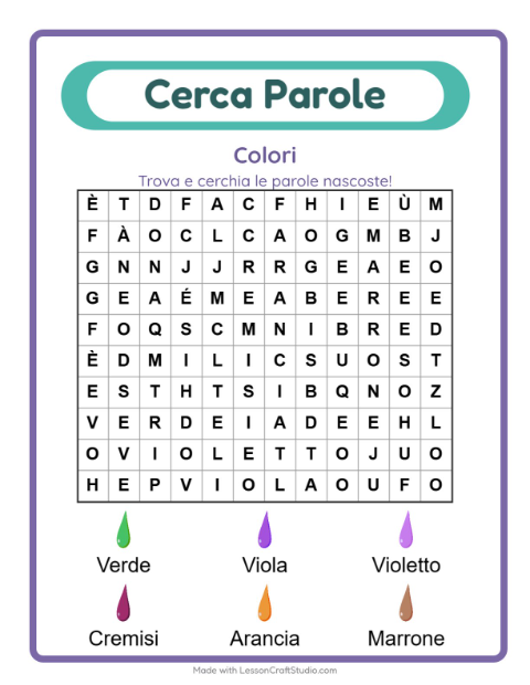 Anteprima della scheda di Cerca Parole con Colori per Scuola primaria classe prima
