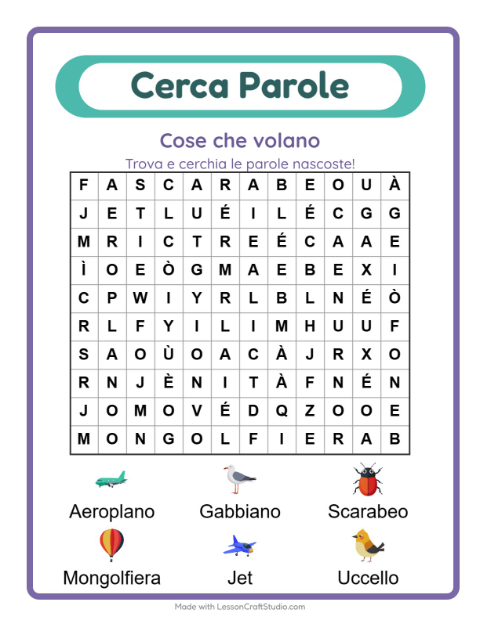 Anteprima della scheda di Cerca Parole con Cose che volano per Scuola primaria classe prima