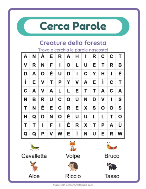 Anteprima della scheda di Cerca Parole con Creature della foresta per Scuola primaria classe prima