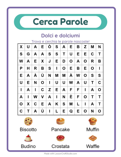 Anteprima della scheda di Cerca Parole con Dolci e dolciumi per Scuola primaria classe prima