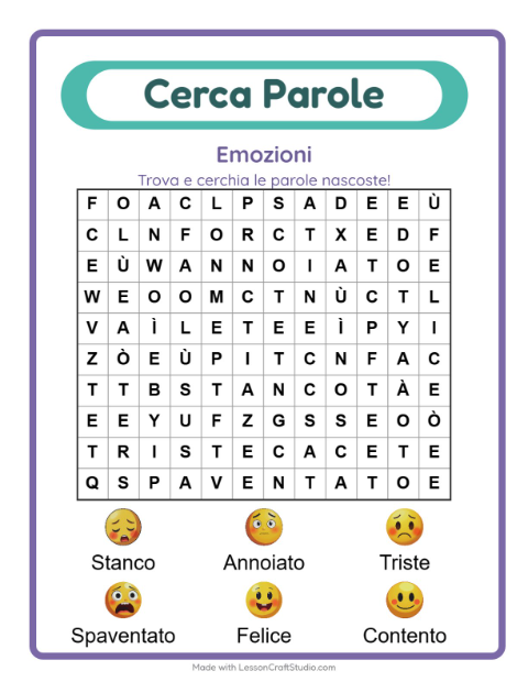 Anteprima della scheda di Cerca Parole con Emozioni per Scuola primaria classe prima