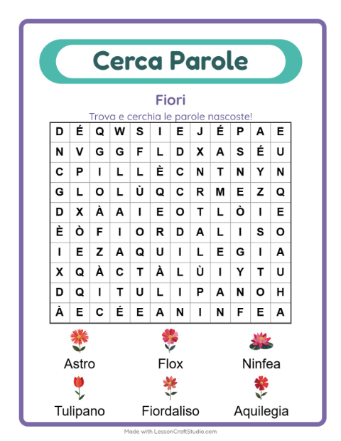 Anteprima della scheda di Cerca Parole con Fiori per Scuola primaria classe prima