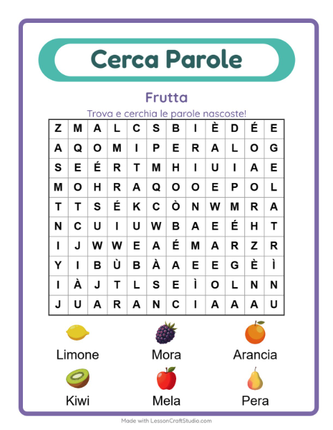Anteprima della scheda di Cerca Parole con Frutta per Scuola primaria classe prima