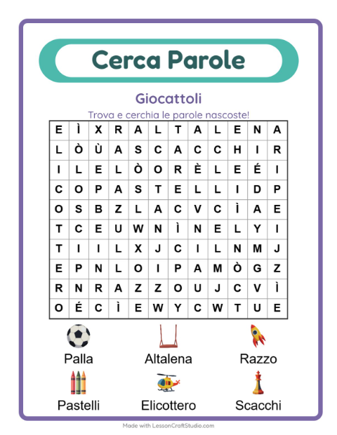 Anteprima della scheda di Cerca Parole con Giocattoli per Scuola primaria classe prima