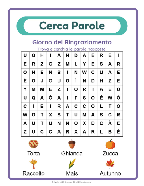 Anteprima della scheda di Cerca Parole con Giorno del Ringraziamento per Scuola primaria classe prima