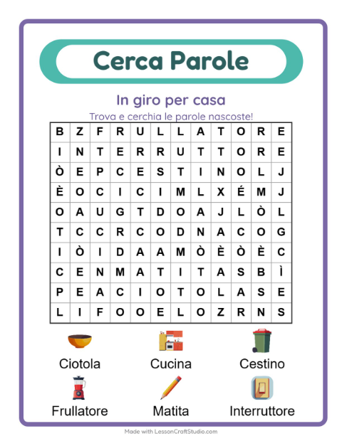 Anteprima della scheda di Cerca Parole con In giro per casa per Scuola primaria classe prima