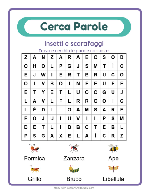 Anteprima della scheda di Cerca Parole con Insetti e scarafaggi per Scuola primaria classe prima
