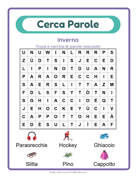 Anteprima della scheda di Cerca Parole con Inverno per Scuola primaria classe prima