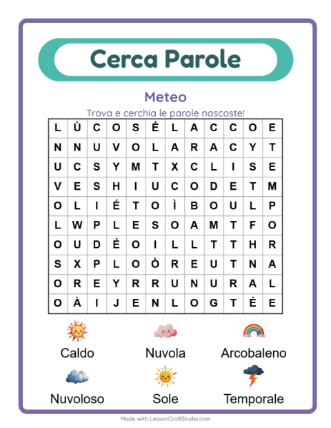 Anteprima della scheda di Cerca Parole con Meteo per Scuola primaria classe prima