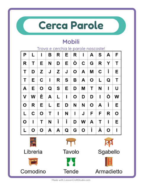 Anteprima della scheda di Cerca Parole con Mobili per Scuola primaria classe prima