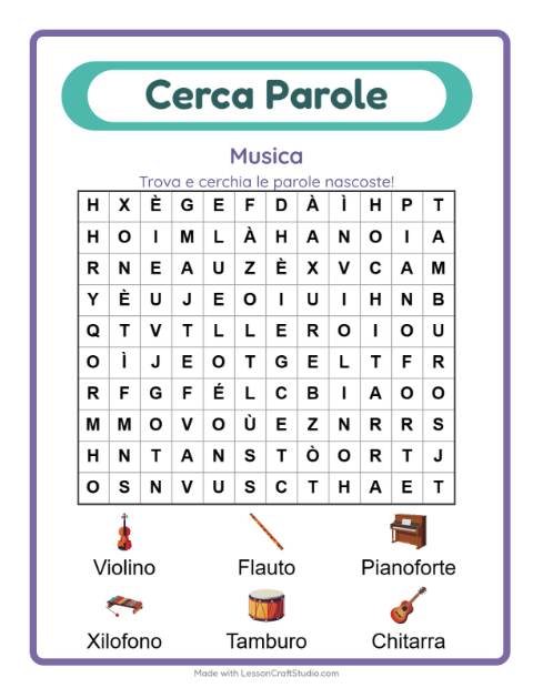 Anteprima della scheda di Cerca Parole con Musica per Scuola primaria classe prima