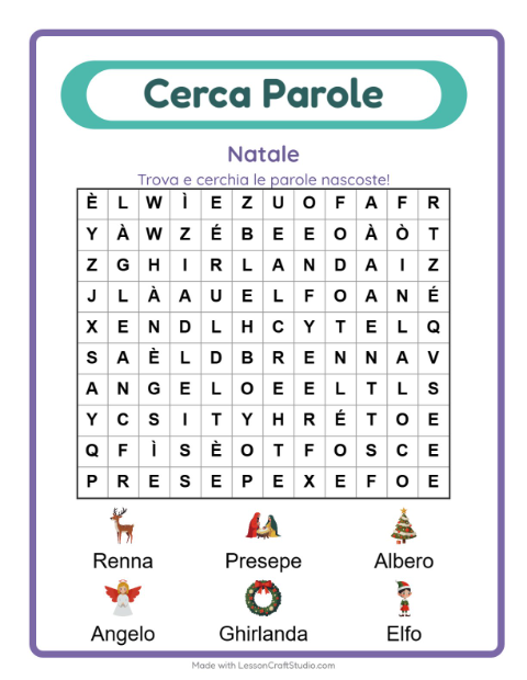 Anteprima della scheda di Cerca Parole con Natale per Scuola primaria classe prima