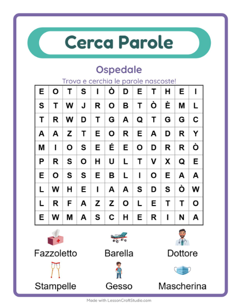 Anteprima della scheda di Cerca Parole con Ospedale per Scuola primaria classe prima