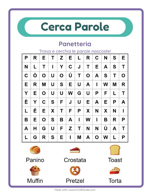 Anteprima della scheda di Cerca Parole con Panetteria per Scuola primaria classe prima