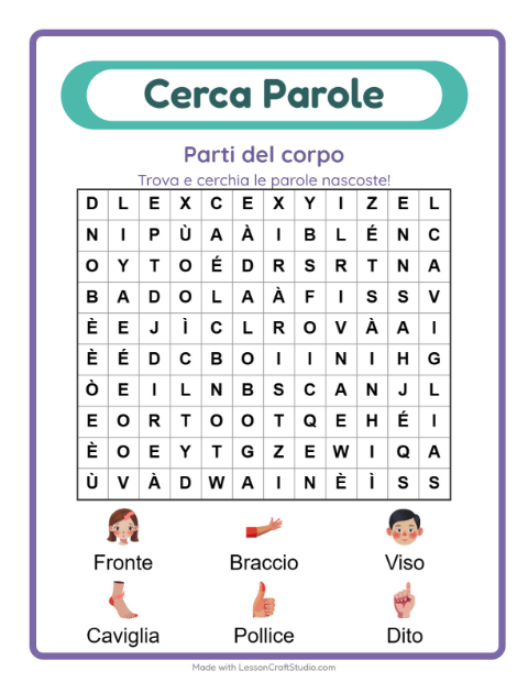 Anteprima della scheda di Cerca Parole con Parti del corpo per Scuola primaria classe prima