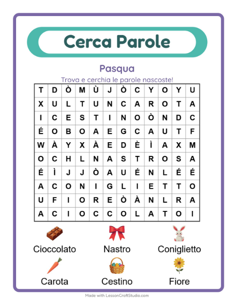 Anteprima della scheda di Cerca Parole con Pasqua per Scuola primaria classe prima
