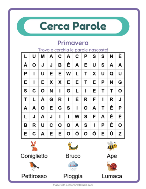Anteprima della scheda di Cerca Parole con Primavera per Scuola primaria classe prima