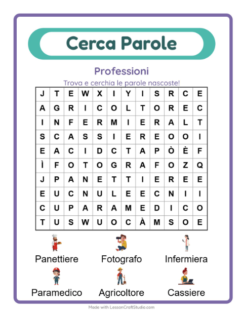 Anteprima della scheda di Cerca Parole con Professioni per Scuola primaria classe prima