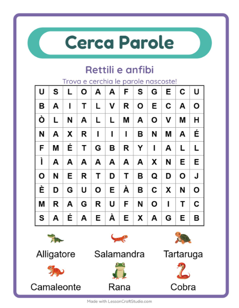 Anteprima della scheda di Cerca Parole con Rettili e anfibi per Scuola primaria classe prima