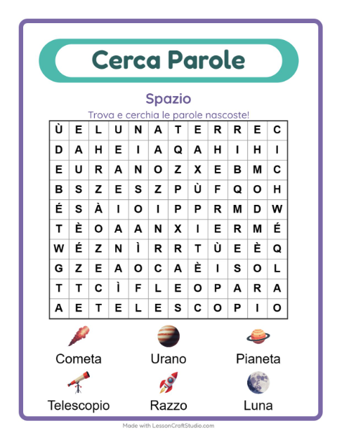 Anteprima della scheda di Cerca Parole con Spazio per Scuola primaria classe prima