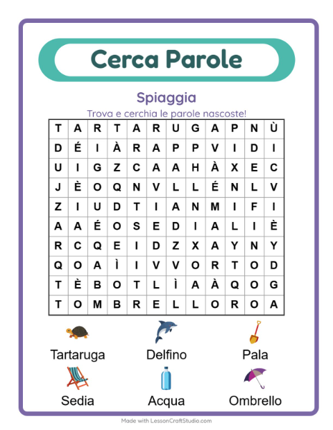Anteprima della scheda di Cerca Parole con Spiaggia per Scuola primaria classe prima