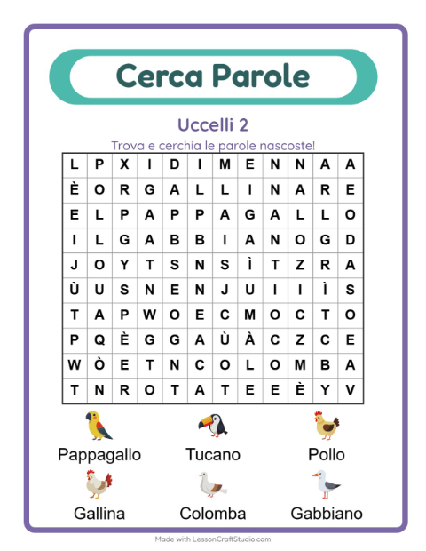 Anteprima della scheda di Cerca Parole con Uccelli 2 per Scuola primaria classe prima