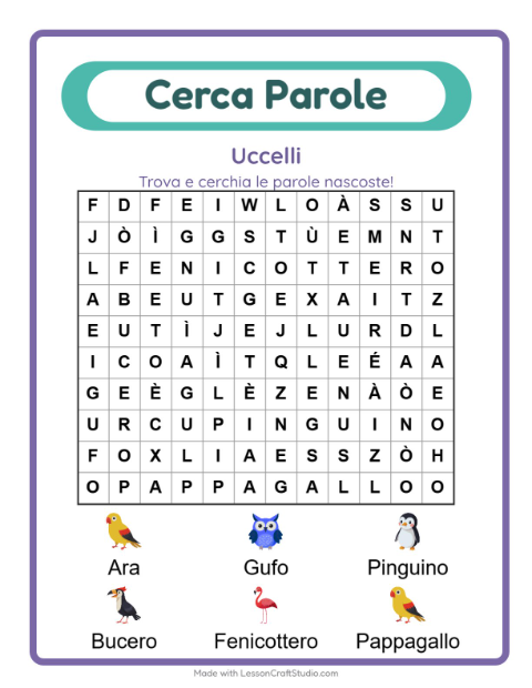 Anteprima della scheda di Cerca Parole con Uccelli per Scuola primaria classe prima