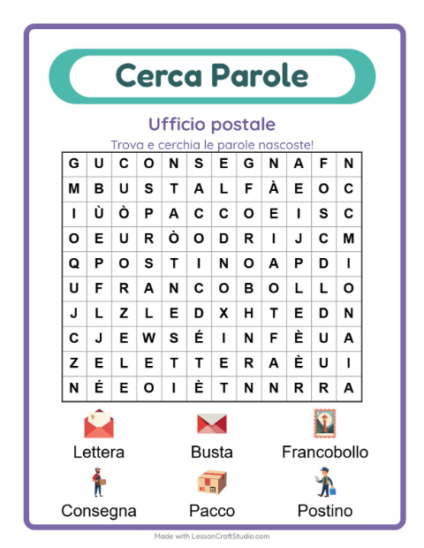 Anteprima della scheda di Cerca Parole con Ufficio postale per Scuola primaria classe prima