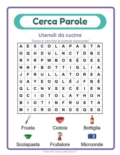 Anteprima della scheda di Cerca Parole con Utensili da cucina per Scuola primaria classe prima