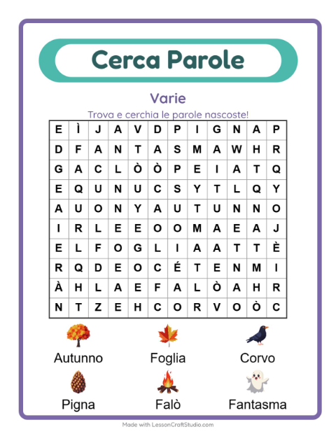 Anteprima della scheda di Cerca Parole con Varie per Scuola primaria classe prima