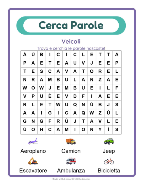 Anteprima della scheda di Cerca Parole con Veicoli per Scuola primaria classe prima