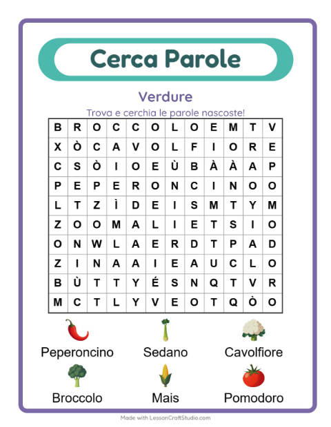 Anteprima della scheda di Cerca Parole con Verdure per Scuola primaria classe prima