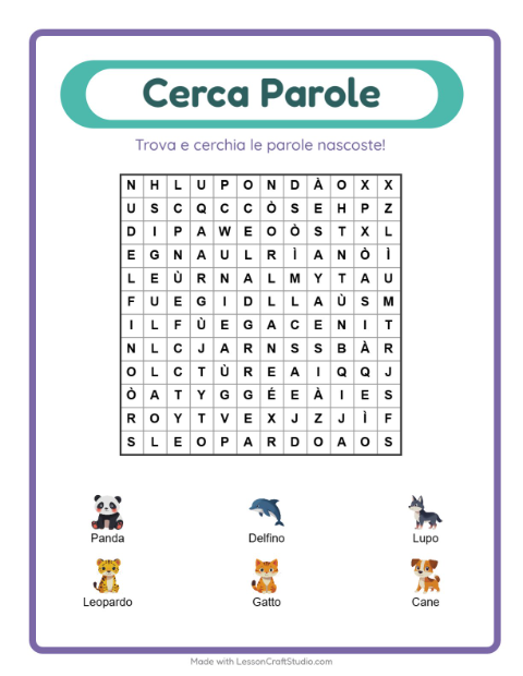 Anteprima della scheda di Cerca Parole per Scuola primaria classe prima