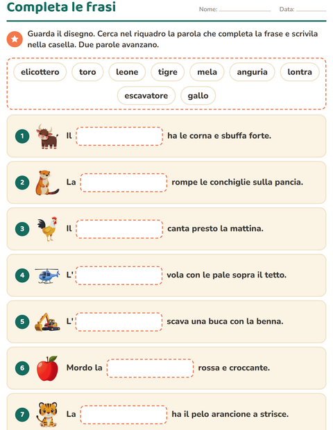 Anteprima della scheda di Completa le frasi per Scuola primaria classe prima
