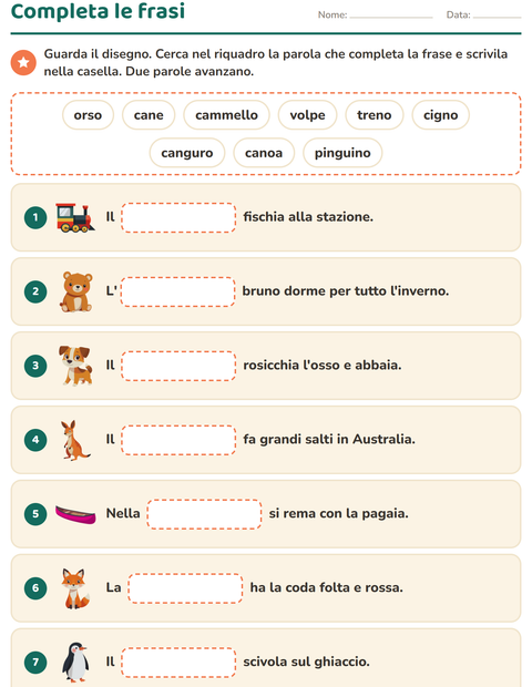 Anteprima della scheda di Completa le frasi per Scuola primaria classe prima