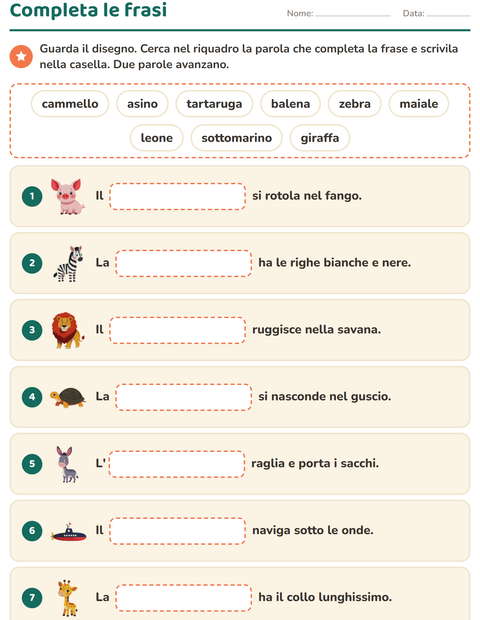 Anteprima della scheda di Completa le frasi per Scuola primaria classe prima