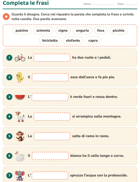 Anteprima della scheda di Completa le frasi per Scuola primaria classe prima