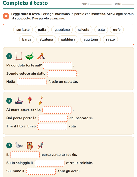 Anteprima della scheda di Completa le frasi per Scuola primaria classe seconda