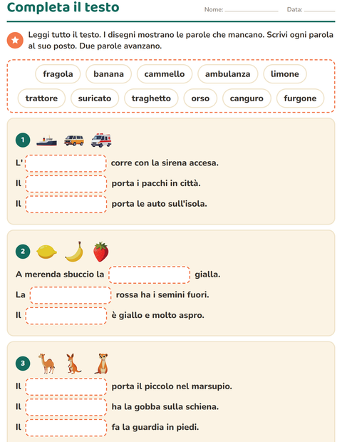 Anteprima della scheda di Completa le frasi per Scuola primaria classe seconda