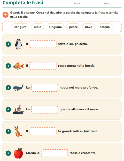 Anteprima della scheda di Completa le frasi per Scuola primaria classe prima