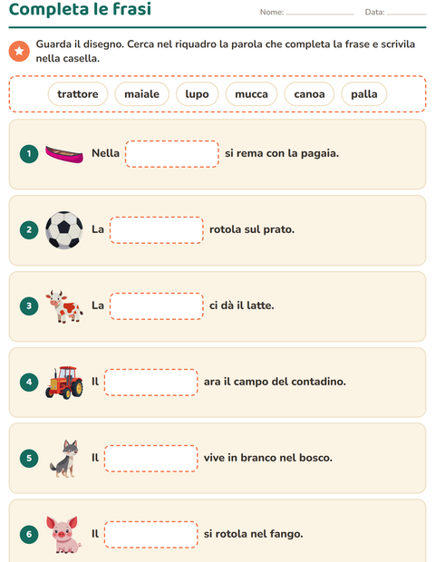 Anteprima della scheda di Completa le frasi per Scuola primaria classe prima