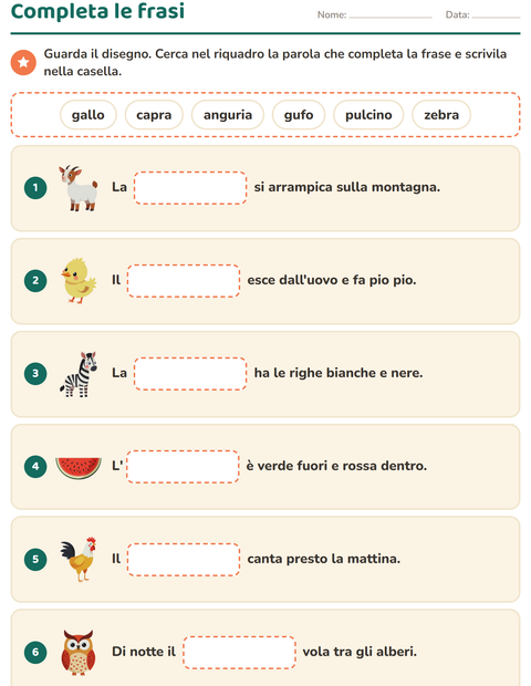 Anteprima della scheda di Completa le frasi per Scuola primaria classe prima