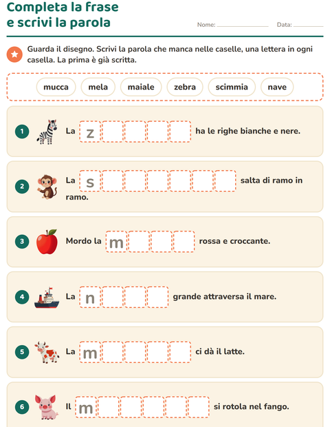 Anteprima della scheda di Completa le frasi per Scuola primaria classe prima