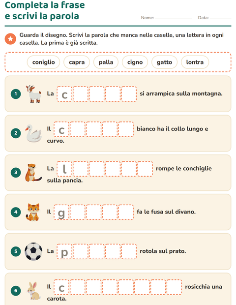Anteprima della scheda di Completa le frasi per Scuola primaria classe prima