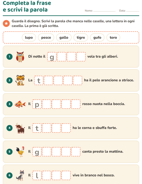 Anteprima della scheda di Completa le frasi per Scuola primaria classe prima