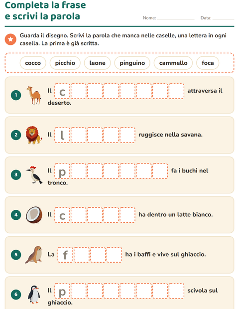 Anteprima della scheda di Completa le frasi per Scuola primaria classe prima