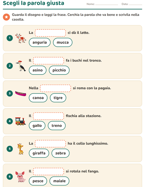 Anteprima della scheda di Completa le frasi per Scuola primaria classe prima